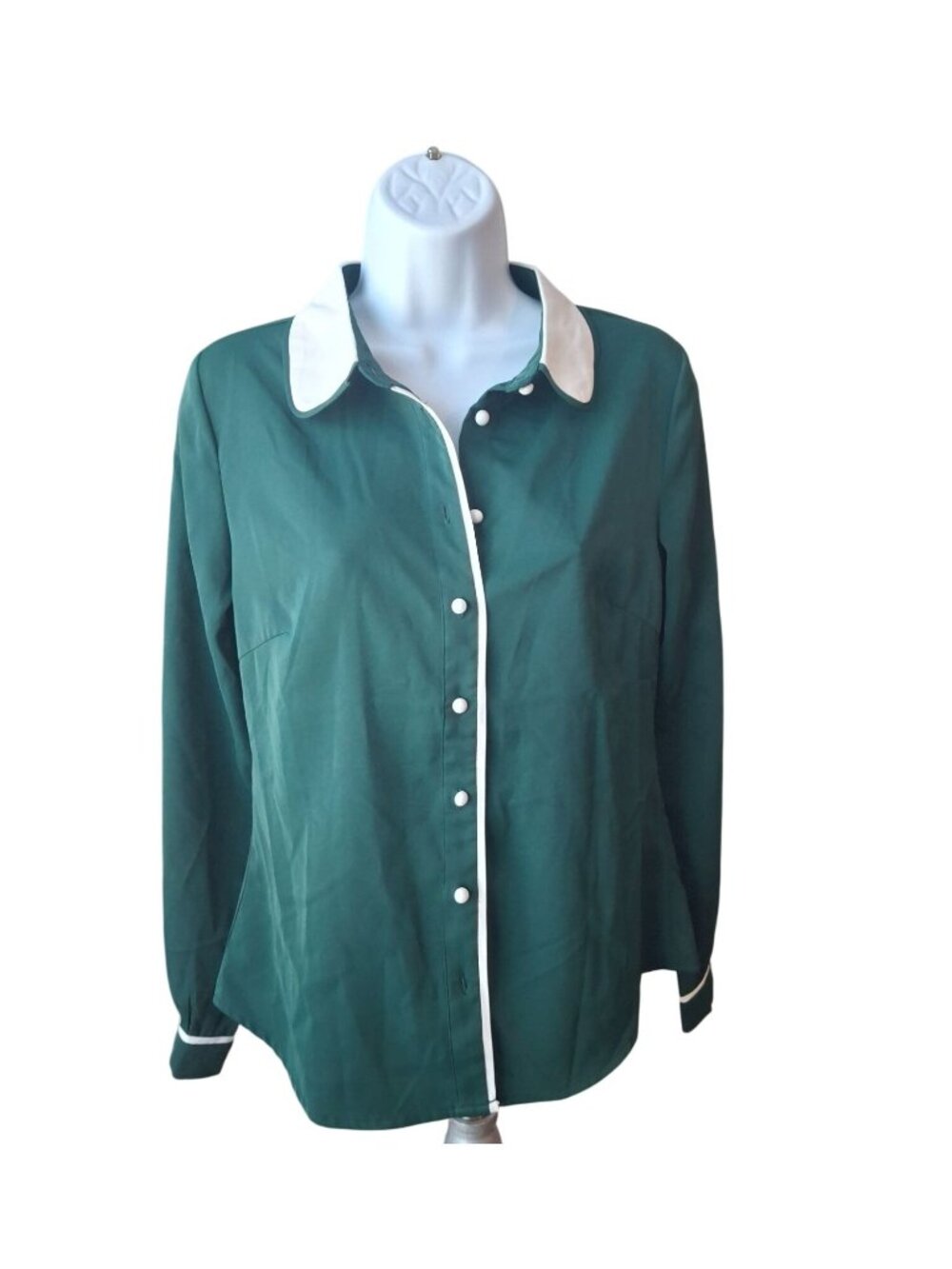 Allegra K Blouse Green Retro Contrast Collar Mod Academia Preppy XS